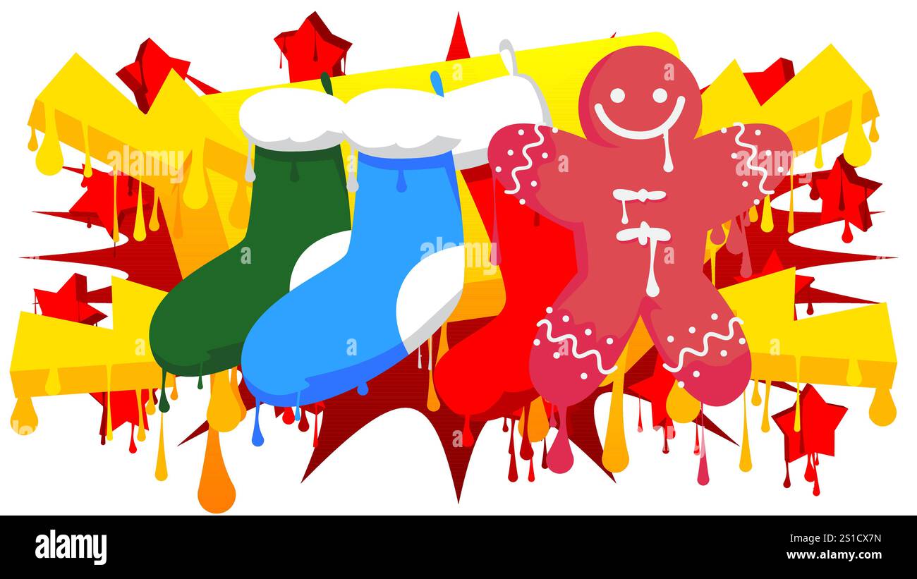 Bas de Noël et Gingerbread Man Cookie graffiti. Décoration d'art de rue moderne abstraite réalisée dans un style de peinture urbaine. Illustration de Vecteur
