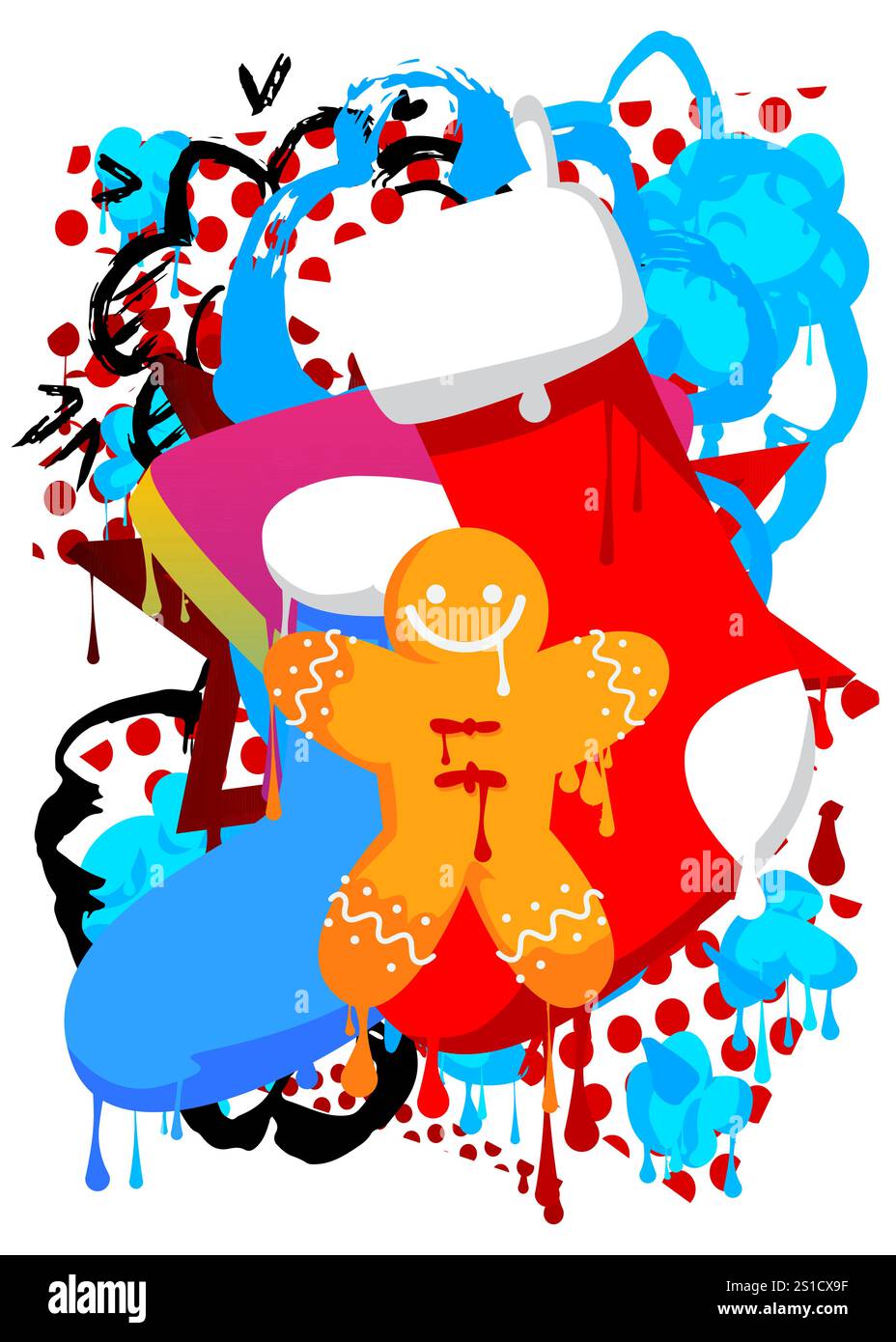Bas de Noël et Gingerbread Man Cookie graffiti. Décoration d'art de rue moderne abstraite réalisée dans un style de peinture urbaine. Illustration de Vecteur