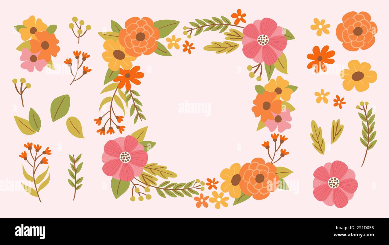 Joli cadre floral coloré dessiné à la main et fleurs isolées, feuilles et brindilles, parfait pour décorer des cartes-cadeaux, des impressions et des projets d'artisanat. Un total Illustration de Vecteur