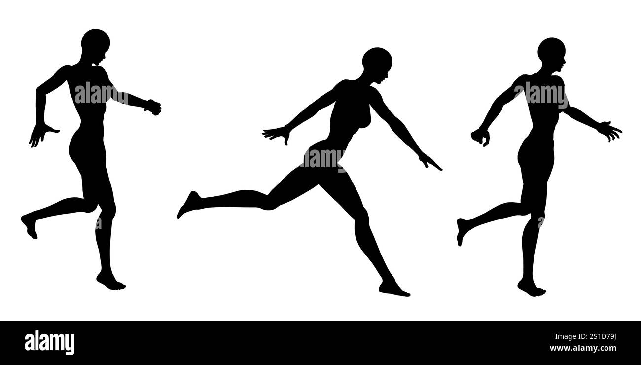 Trois silhouettes de femmes qui courent. La première femme est au milieu de l'image, la deuxième à gauche et la troisième à droite Illustration de Vecteur