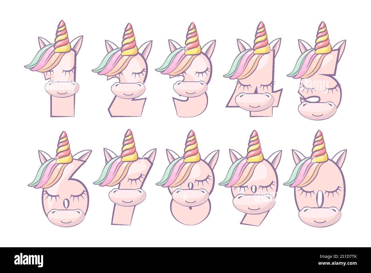 Numéros de dessins animés comme licornes de 0 à 9. Illustration de numéros de licorne mignonne pour la fête d'anniversaire. Calligraphie, lettrage, typographie pour votre éducation Illustration de Vecteur