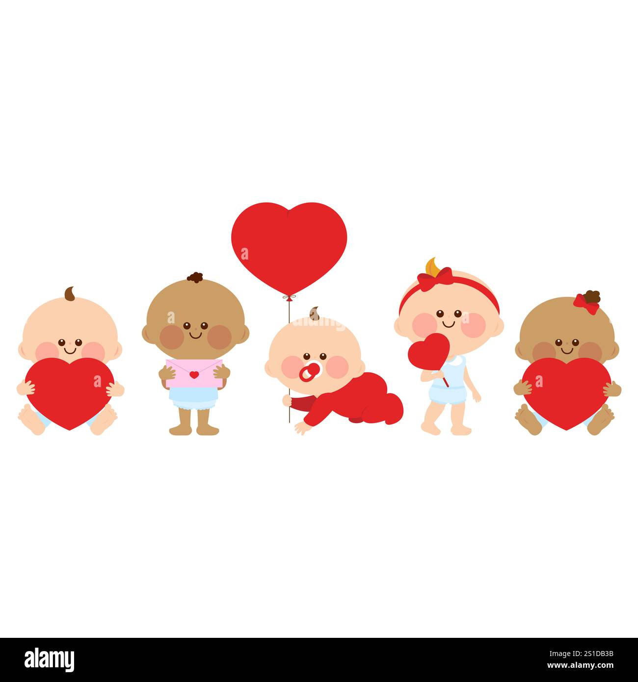Mignons bébés filles et garçons avec des coeurs rouges. Mignons bébés de Saint-Valentin avec des ballons de coeur rouge et des cadeaux. Banque D'Images