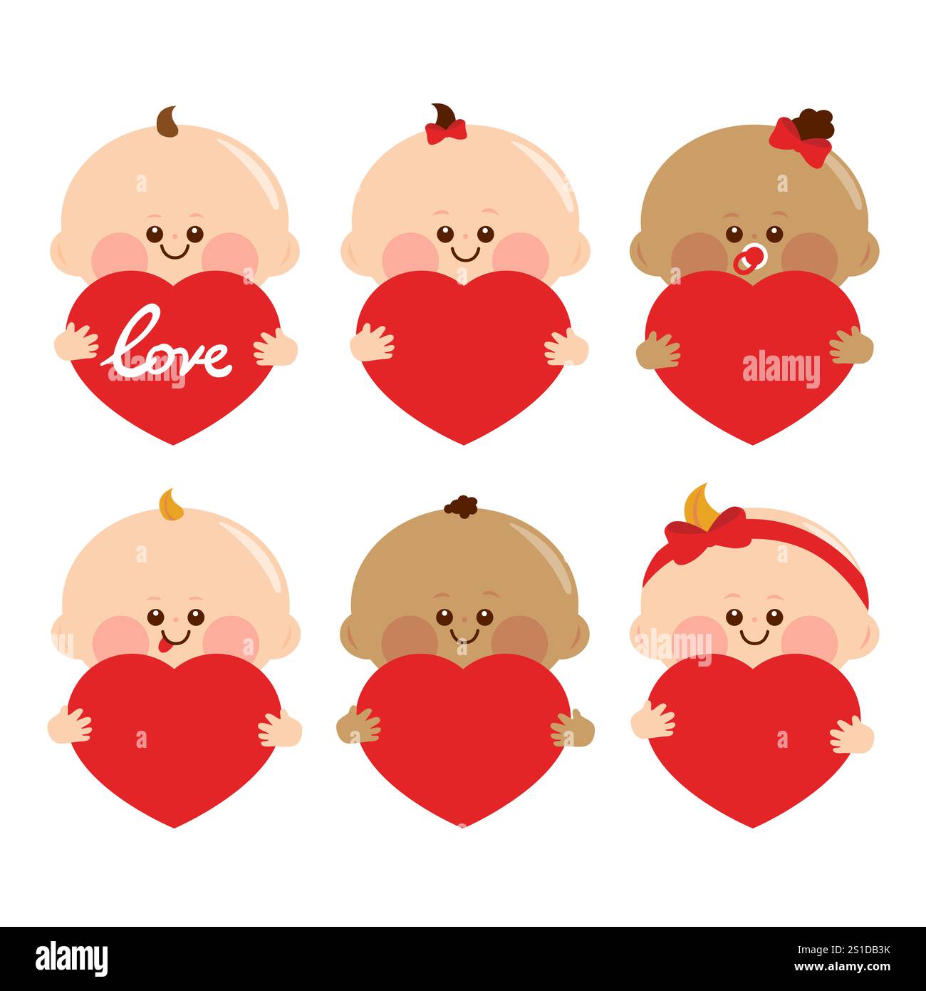 Mignons bébés filles et garçons avec des coeurs rouges. Mignon divers bébés de Saint-Valentin avec des cadeaux de coeur rouge. Banque D'Images