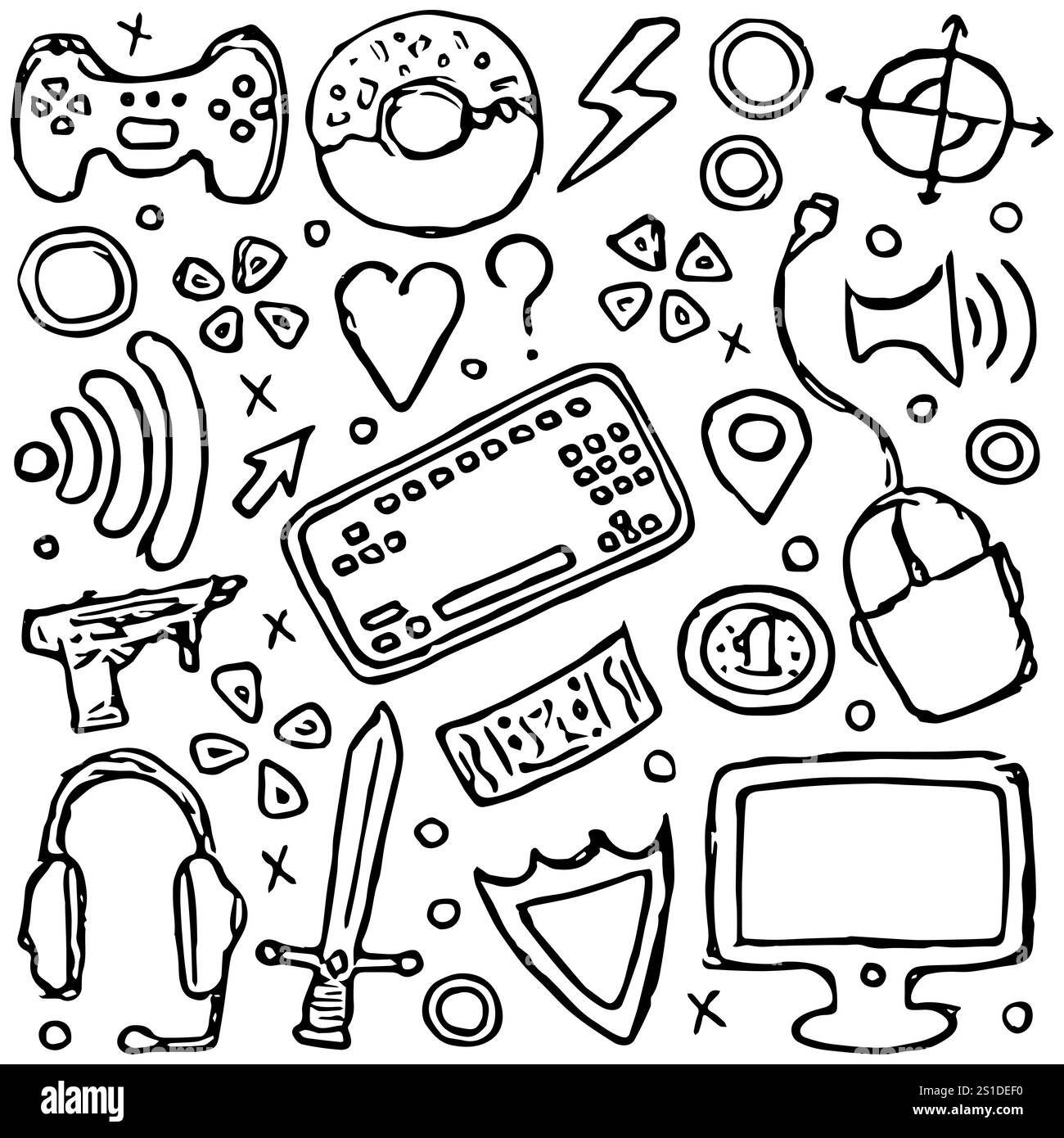 Définissez les icônes de jeu. Illustration de jeu de doodle dessinée à la main Banque D'Images