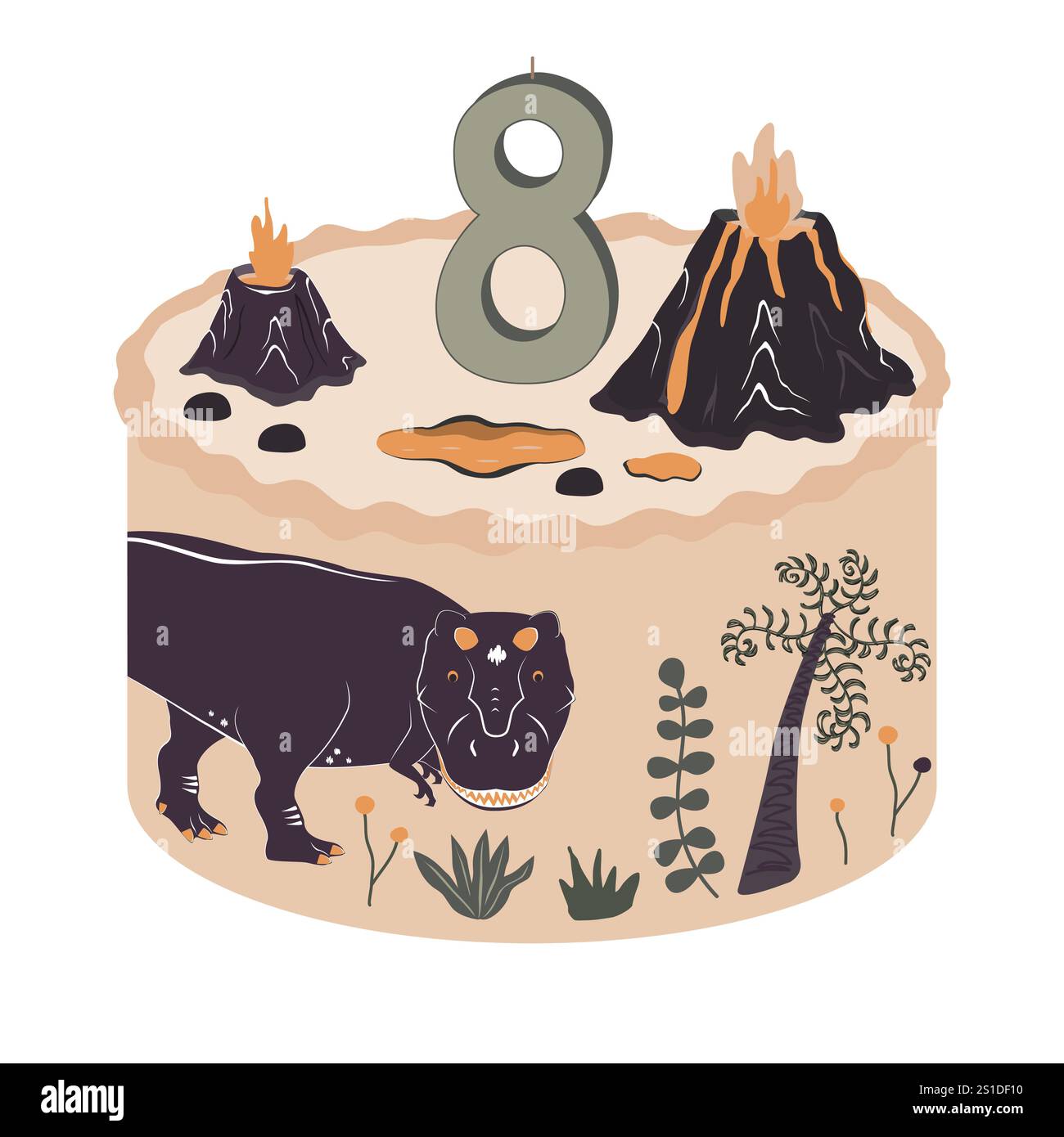 Gâteau bento mignon avec dinosaure, volcan et plantes préhistoriques. Bougie numéro 8. Jurassic Happy Birthday élément de conception de sujet pour bébés et enfants Illustration de Vecteur