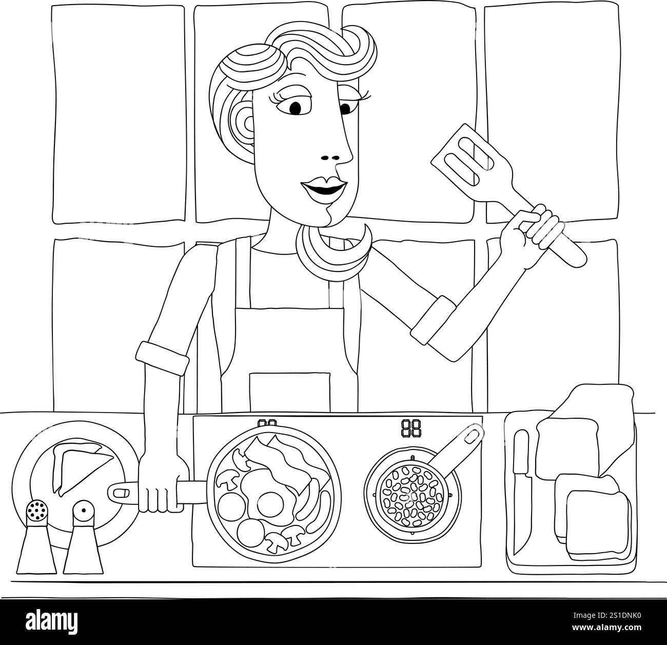 Femme cuisine nourriture Fried cuisine anglaise petit déjeuner Illustration de Vecteur