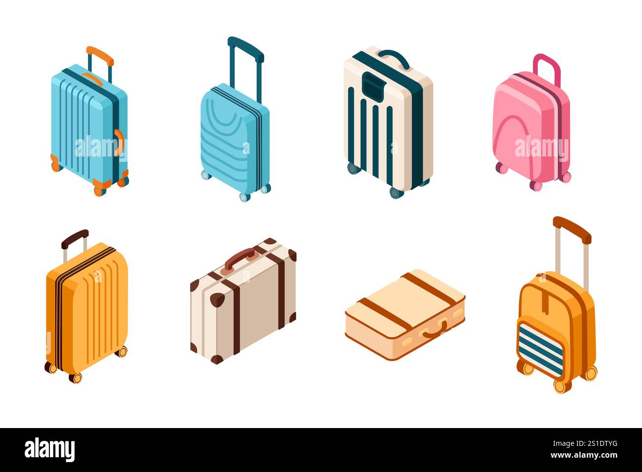 Collection de valises et sacs de voyage dans différentes couleurs et designs. Style isométrique. Convient pour les voyages, le tourisme et les thèmes de vacances. Vecteur illus Illustration de Vecteur