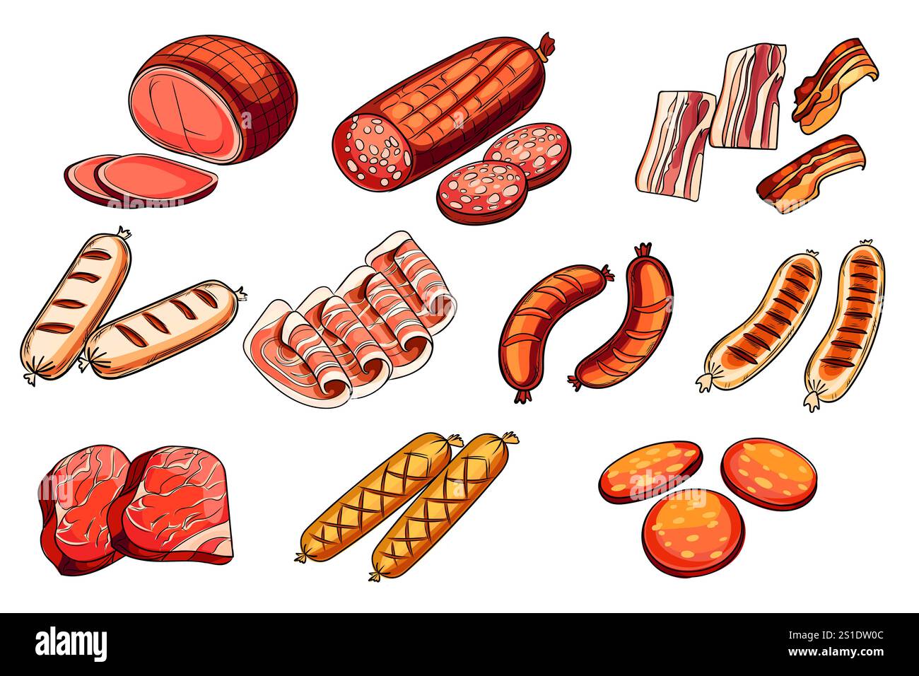 Collection de produits à base de viande, saucisses, jambon, bacon et pepperoni, symbolisant la charcuterie traditionnelle et les ingrédients de cuisine. Convient pour culinaire, Illustration de Vecteur