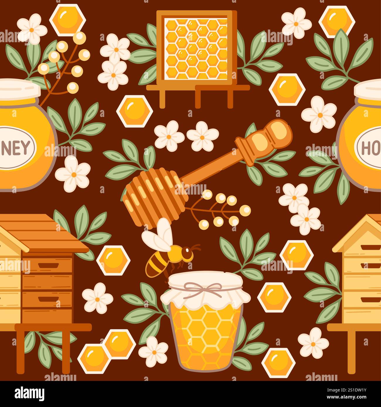 Miel de modèle sans couture avec des pots, des nids d'abeilles, des abeilles et des fleurs, représentant organique, production naturelle. Idéal pour les produits artisanaux, naturels, et Illustration de Vecteur