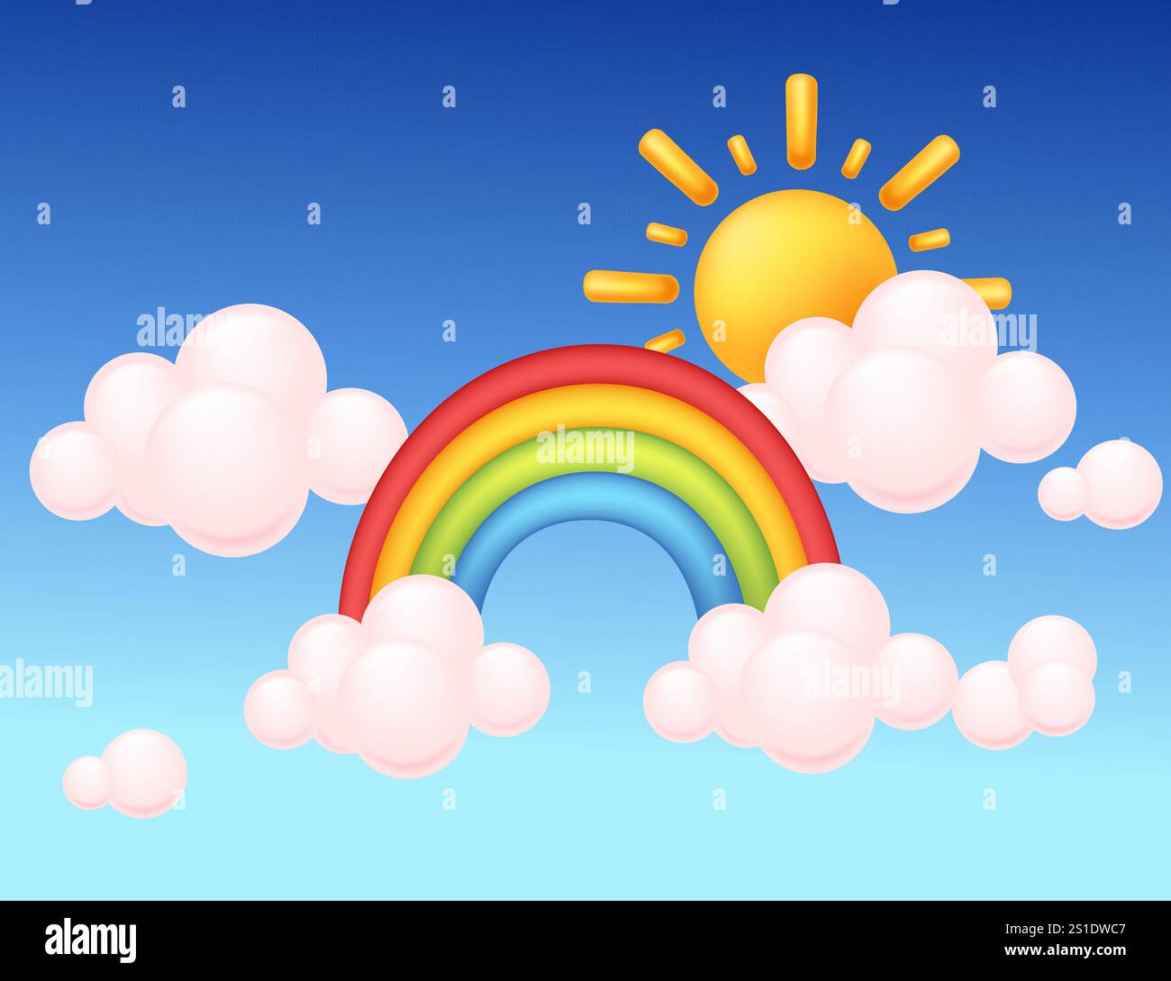 Soleil brillant, arc-en-ciel et nuages moelleux sur un fond bleu dégradé, symbolisant la positivité et la luminosité. Parfait pour les applications météo et les joyeux des Illustration de Vecteur