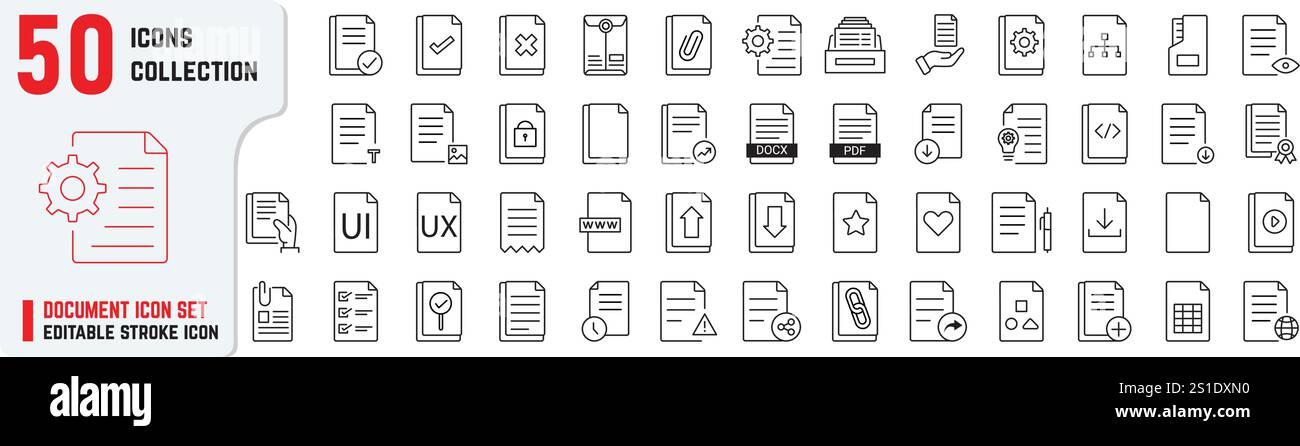 L'ensemble d'icônes de document comprend également les fichiers, le contrat, l'évaluation, l'évaluation, l'interface utilisateur, UX, collections d'icônes fines, collection de symboles documents Illustration de Vecteur