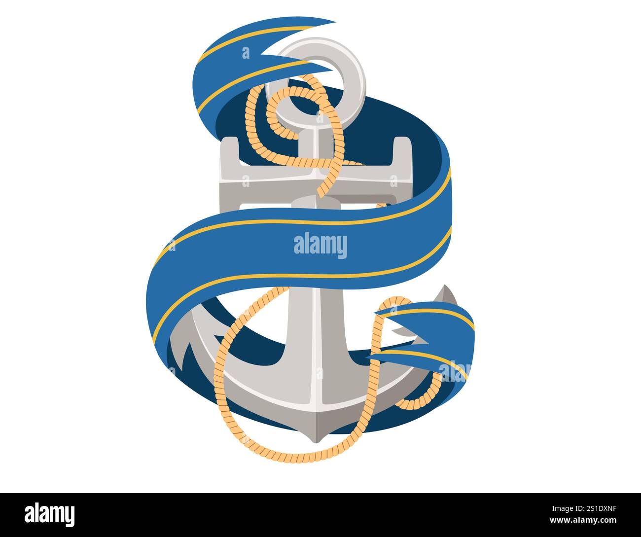 Ancre argentée stylisée enveloppée dans un ruban bleu, idéale pour les logos maritimes, les brochures de voyage ou la marque liée à la mer. Vecteur de conception sur le thème nautique illu Illustration de Vecteur