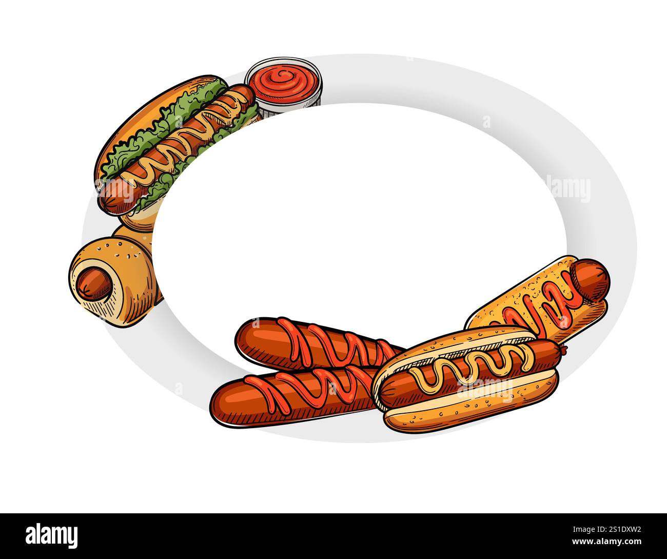 Assiette de hot-dogs et autres aliments. Les hot-dogs sont de différentes formes et tailles, et il y a aussi d'autres aliments dans l'assiette. Vecteur il Illustration de Vecteur