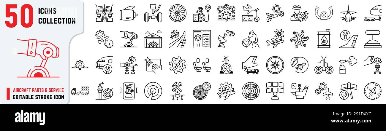 Ensemble d'icônes de course modifiables liées aux pièces d'aéronef et au service comprend également le moteur, la maintenance, le hangar, le service, le pneu, cockpit, signal des indicateurs Illustration de Vecteur