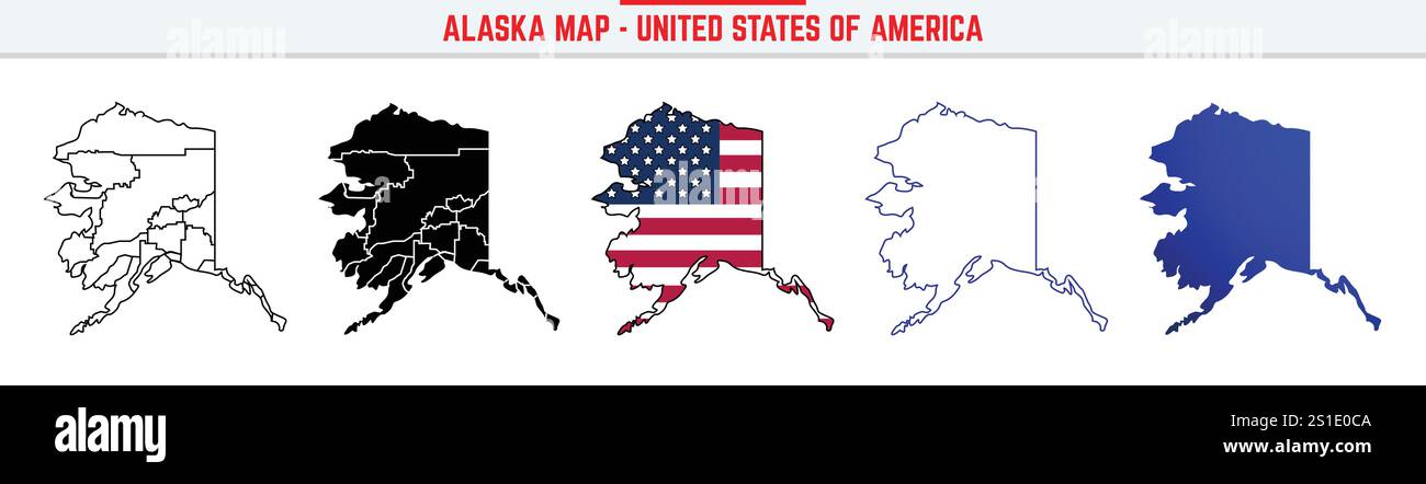 Carte Alaska avec icône de contour modifiable. Alaska États-Unis icône de ligne mince, illustration vectorielle de carte Alaska, Alaska, carte vectorielle de silhouette bleue AK Illustration de Vecteur