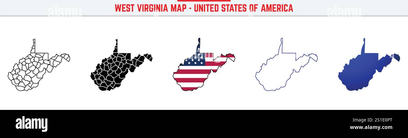 Carte de Virginie-occidentale avec icône de contour modifiable. Icône de ligne mince d'état de Virginie-occidentale USA, illustration vectorielle de carte de Virginie-occidentale, Virginie-occidentale, WV Illustration de Vecteur