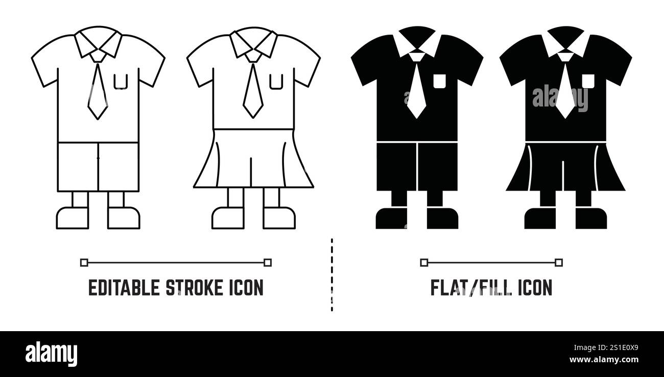 Icônes de robe d'école pour enfants masculins et féminins - Styles d'icône de trait de remplissage et éditables, vecteur de contour d'icône de robe. École uniforme. Illustration de Vecteur
