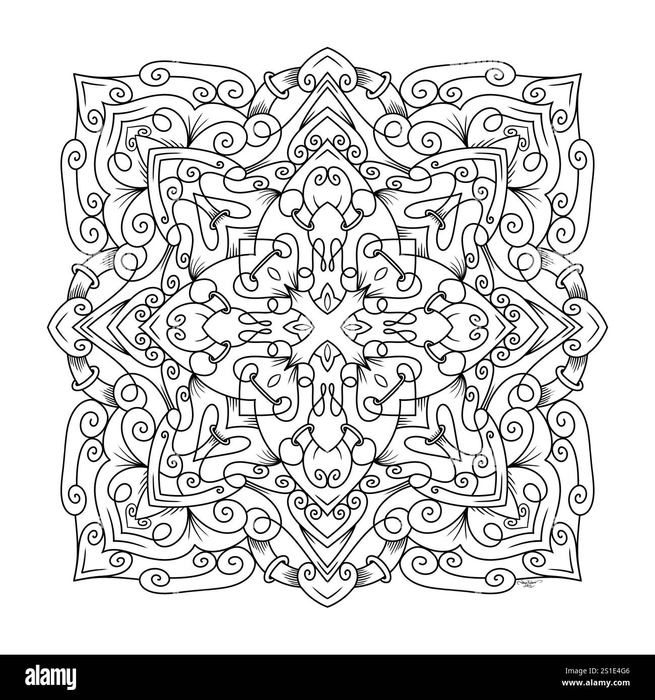 Illustration symétrique abstraite. Elément décoratif dessiné à la main. Mandala noir pour livre de coloriage, tatouage, henné, motif de conception de t-shirt Banque D'Images Illustration symétrique abstraite. Elément décoratif dessiné à la main. Mandala noir pour livre de coloriage, tatouage, henné, motif de conception de t-shirt Banque D'Images