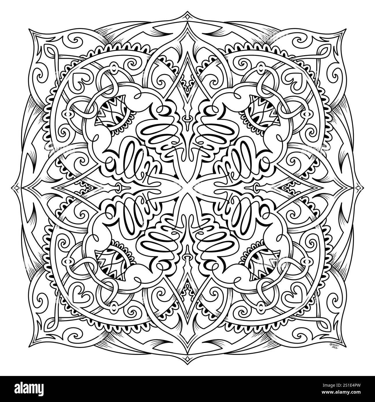 Illustration symétrique abstraite avec des écritures de bonjour. Elément décoratif dessiné à la main. Mandala noir pour livre de coloriage, tatouage, henné, design de t-shirt Banque D'Images Illustration symétrique abstraite avec des écritures de bonjour. Elément décoratif dessiné à la main. Mandala noir pour livre de coloriage, tatouage, henné, design de t-shirt Banque D'Images