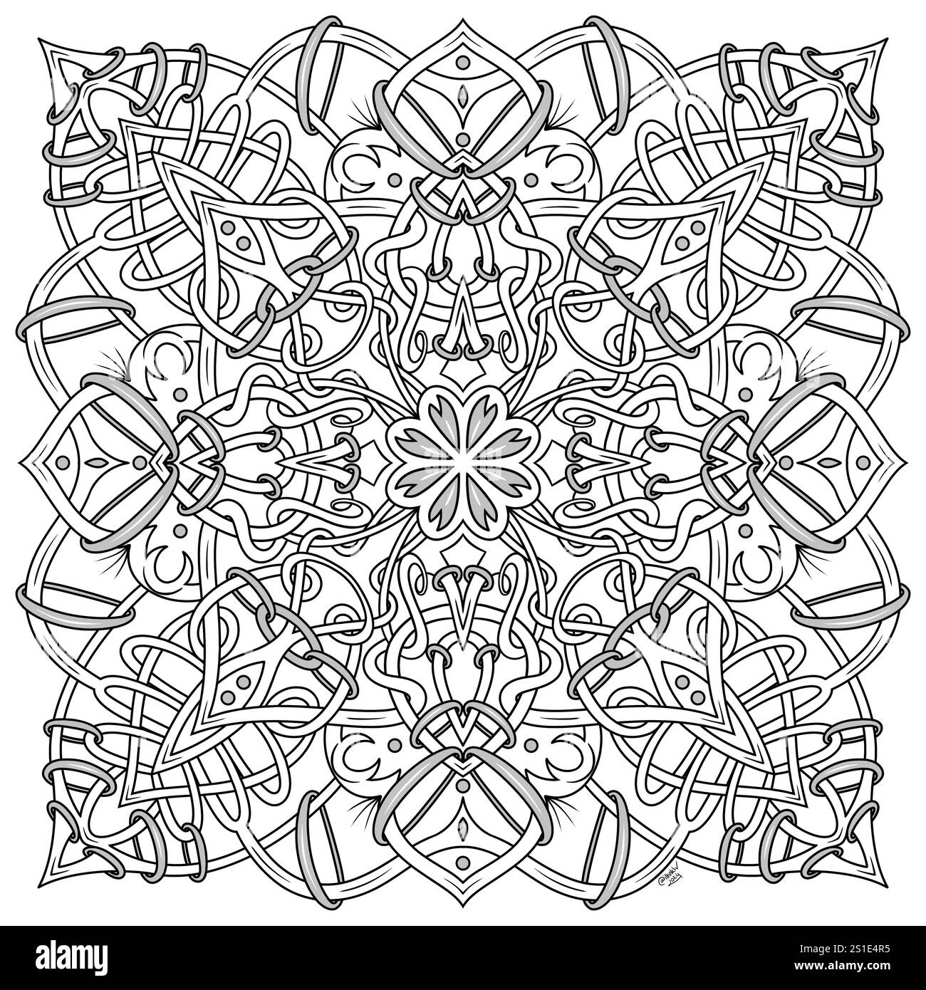 Illustration symétrique abstraite. Elément décoratif dessiné à la main. Mandala noir pour livre de coloriage, tatouage, henné, motif de conception de t-shirt Banque D'Images Illustration symétrique abstraite. Elément décoratif dessiné à la main. Mandala noir pour livre de coloriage, tatouage, henné, motif de conception de t-shirt Banque D'Images
