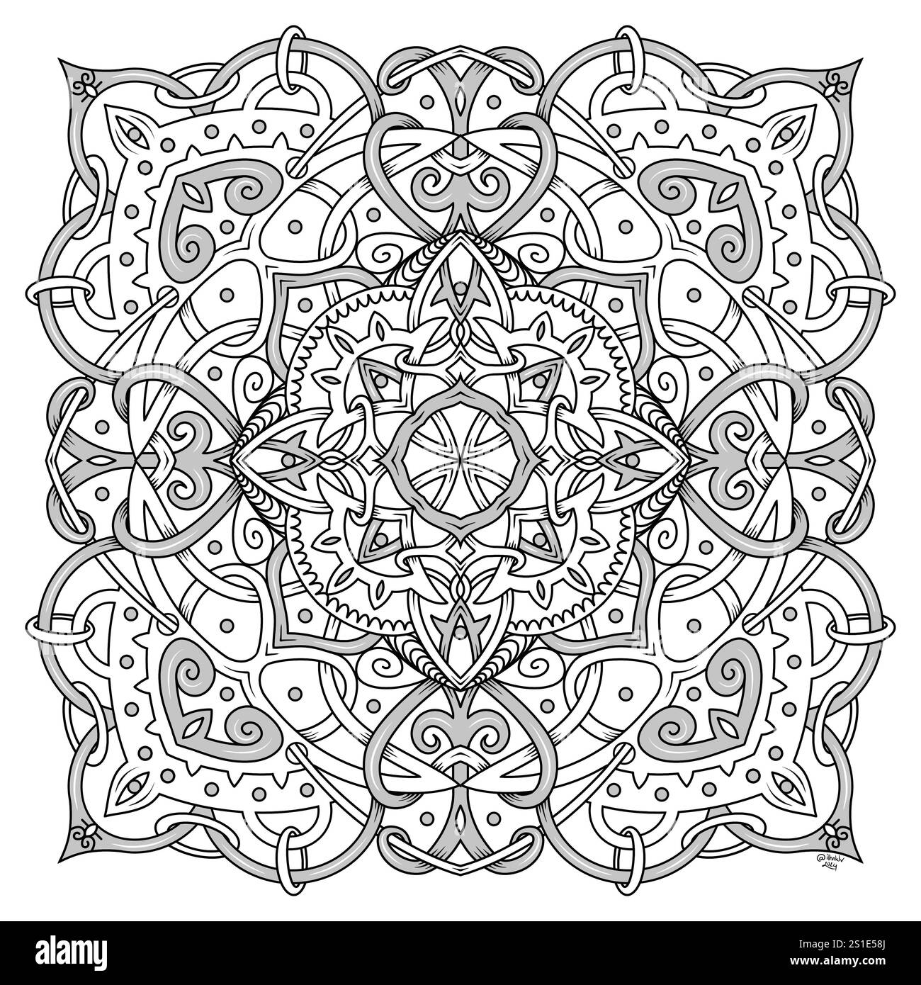 Illustration symétrique abstraite. Elément décoratif dessiné à la main. Mandala noir pour livre de coloriage, tatouage, henné, motif de conception de t-shirt Banque D'Images Illustration symétrique abstraite. Elément décoratif dessiné à la main. Mandala noir pour livre de coloriage, tatouage, henné, motif de conception de t-shirt Banque D'Images