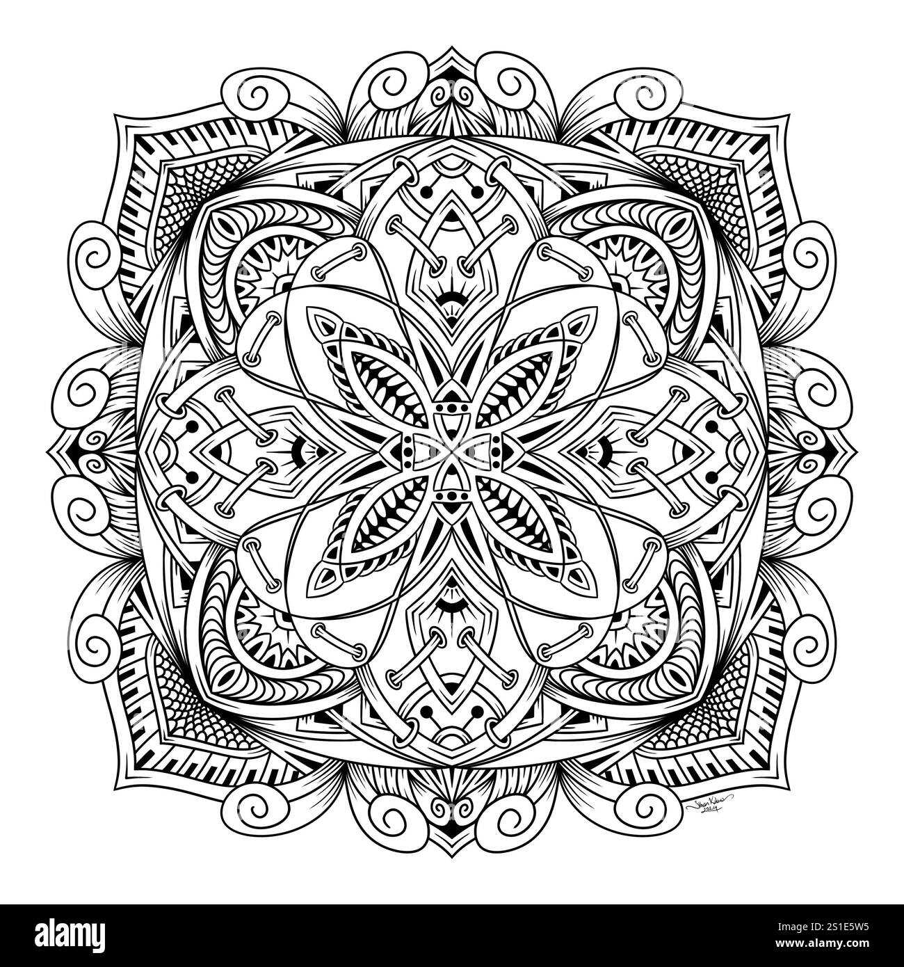 Illustration symétrique abstraite. Elément décoratif dessiné à la main. Mandala noir pour livre de coloriage, tatouage, henné, motif de conception de t-shirt Banque D'Images Illustration symétrique abstraite. Elément décoratif dessiné à la main. Mandala noir pour livre de coloriage, tatouage, henné, motif de conception de t-shirt Banque D'Images