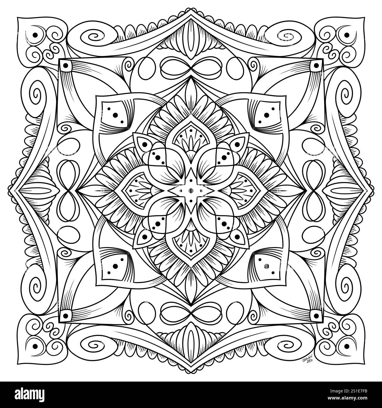 Illustration symétrique abstraite. Elément décoratif dessiné à la main. Mandala noir pour livre de coloriage, tatouage, henné, motif de conception de t-shirt Banque D'Images Illustration symétrique abstraite. Elément décoratif dessiné à la main. Mandala noir pour livre de coloriage, tatouage, henné, motif de conception de t-shirt Banque D'Images