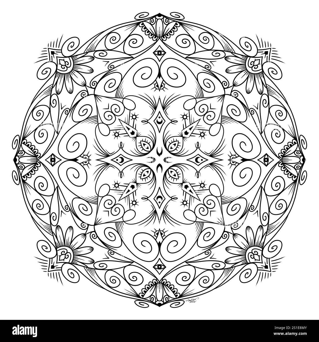 Illustration symétrique abstraite. Elément décoratif dessiné à la main. Mandala noir pour livre de coloriage, tatouage, henné, motif de conception de t-shirt Banque D'Images Illustration symétrique abstraite. Elément décoratif dessiné à la main. Mandala noir pour livre de coloriage, tatouage, henné, motif de conception de t-shirt Banque D'Images