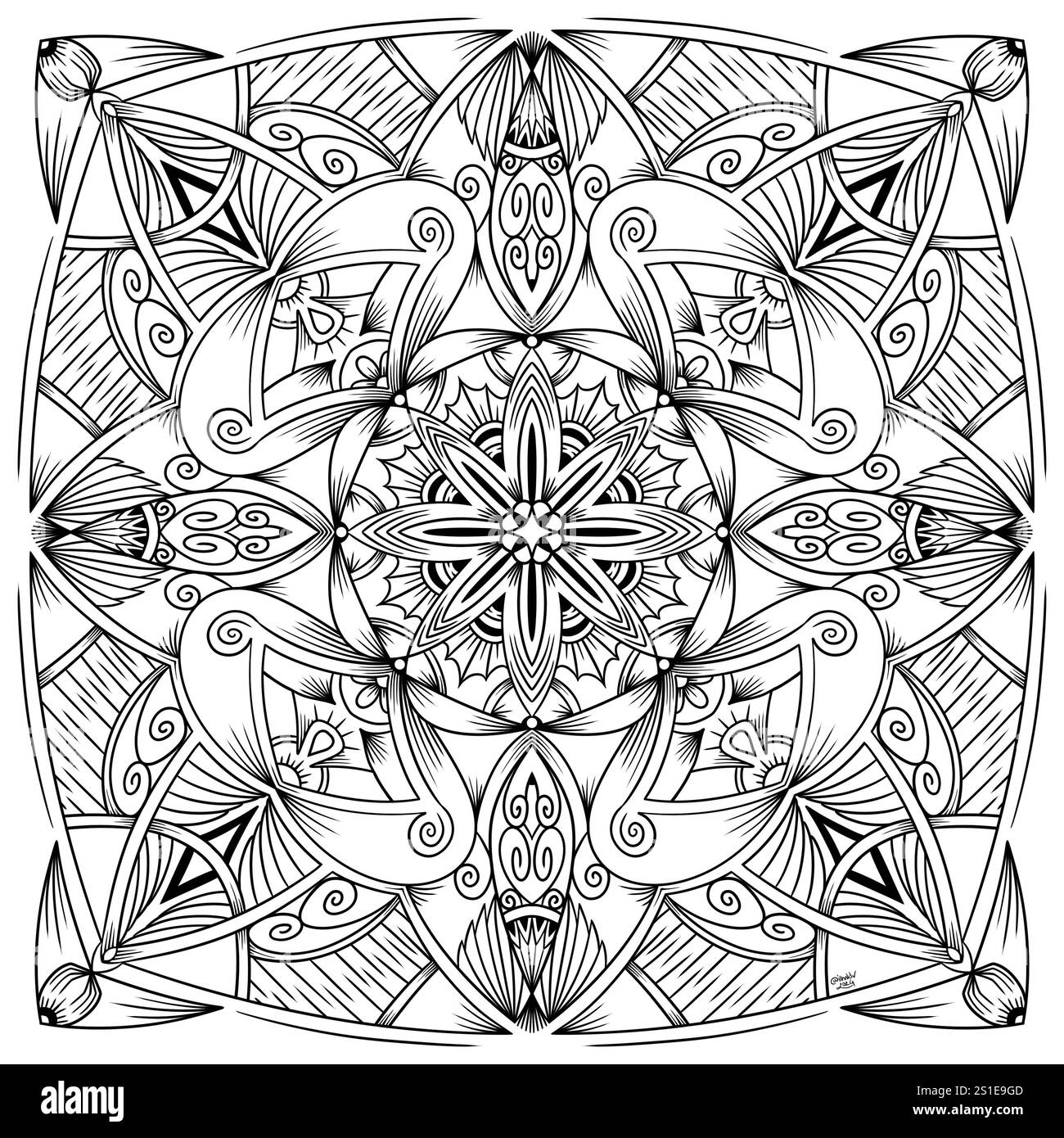 Illustration symétrique abstraite. Elément décoratif dessiné à la main. Mandala noir pour livre de coloriage, tatouage, henné, motif de conception de t-shirt Banque D'Images Illustration symétrique abstraite. Elément décoratif dessiné à la main. Mandala noir pour livre de coloriage, tatouage, henné, motif de conception de t-shirt Banque D'Images