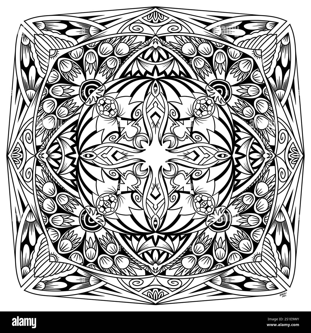 Illustration symétrique abstraite. Elément décoratif dessiné à la main. Mandala noir pour livre de coloriage, tatouage, henné, motif de conception de t-shirt Banque D'Images Illustration symétrique abstraite. Elément décoratif dessiné à la main. Mandala noir pour livre de coloriage, tatouage, henné, motif de conception de t-shirt Banque D'Images