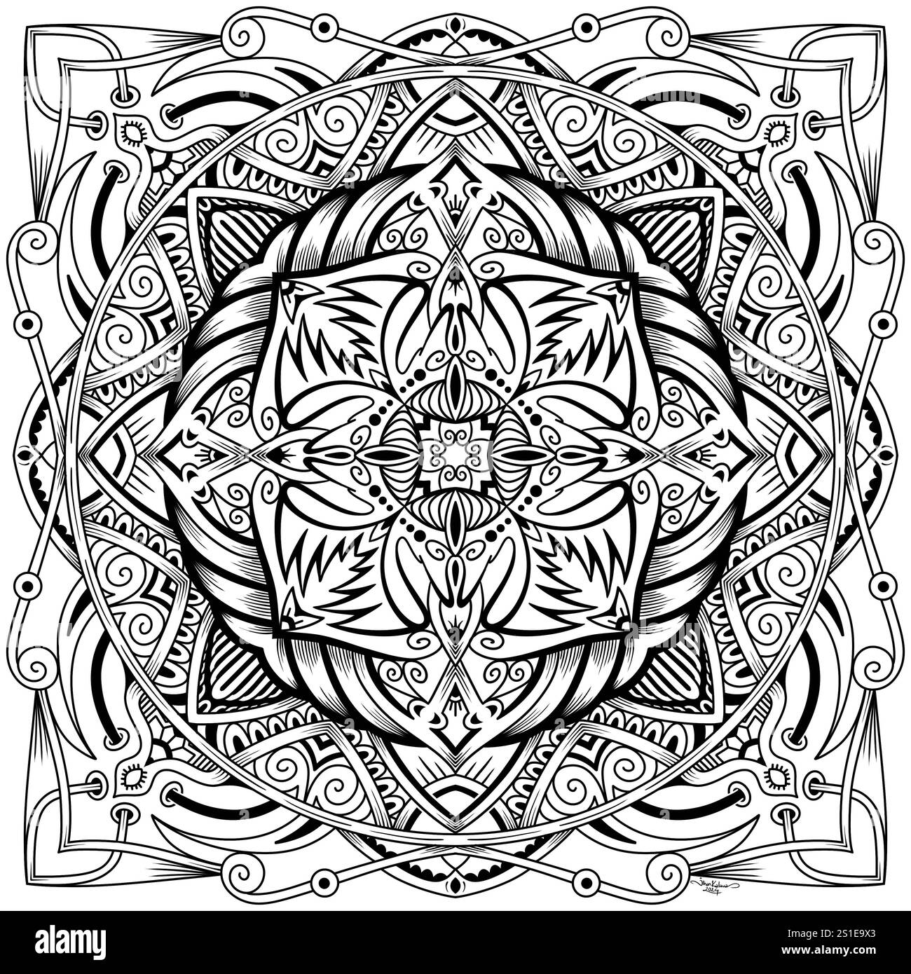 Illustration symétrique abstraite. Elément décoratif dessiné à la main. Mandala noir pour livre de coloriage, tatouage, henné, motif de conception de t-shirt Banque D'Images Illustration symétrique abstraite. Elément décoratif dessiné à la main. Mandala noir pour livre de coloriage, tatouage, henné, motif de conception de t-shirt Banque D'Images