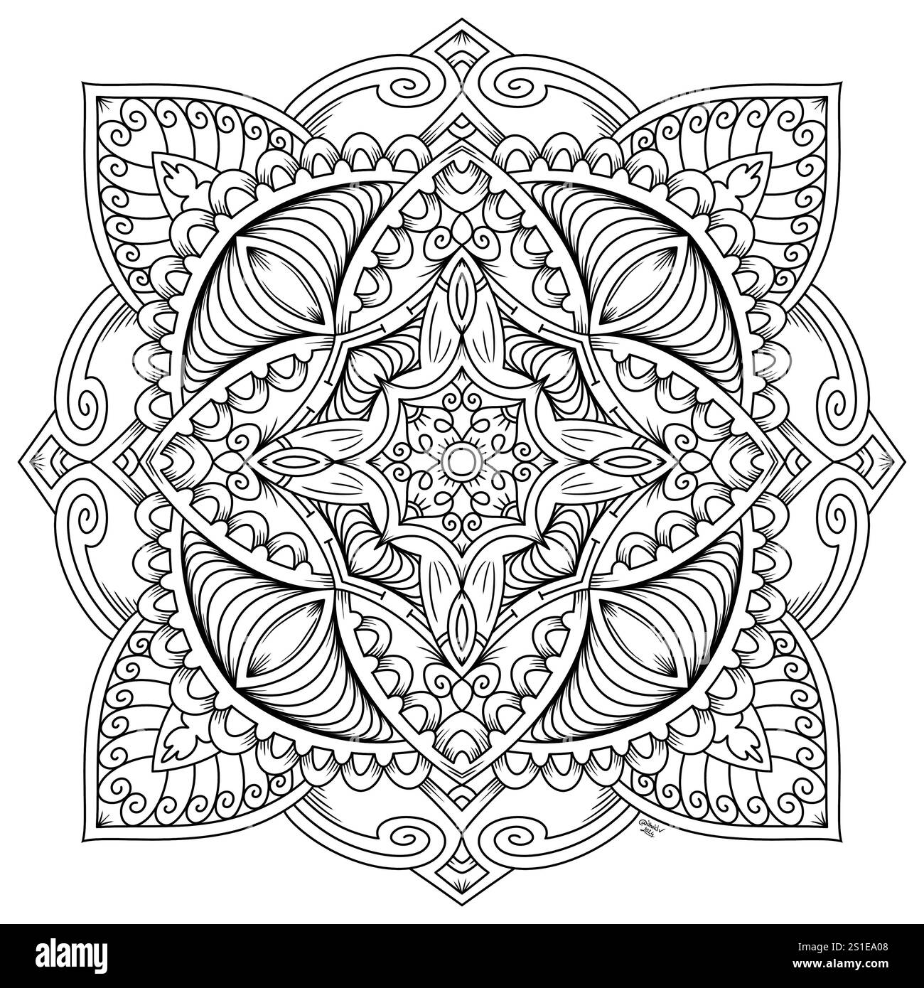 Illustration symétrique abstraite. Elément décoratif dessiné à la main. Mandala noir pour livre de coloriage, tatouage, henné, motif de conception de t-shirt Banque D'Images Illustration symétrique abstraite. Elément décoratif dessiné à la main. Mandala noir pour livre de coloriage, tatouage, henné, motif de conception de t-shirt Banque D'Images