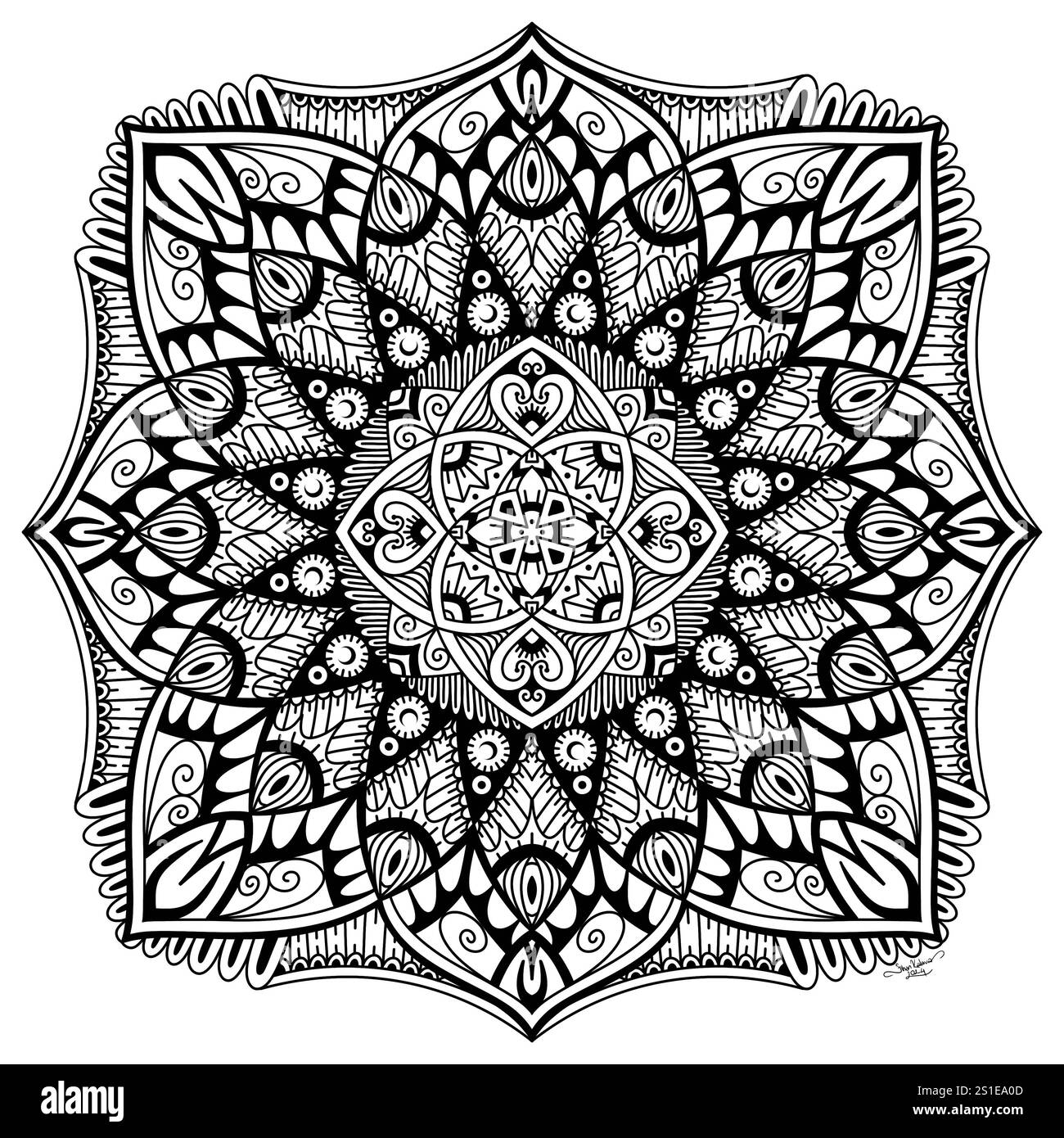 Illustration symétrique abstraite. Elément décoratif dessiné à la main. Mandala noir pour livre de coloriage, tatouage, henné, motif de conception de t-shirt Banque D'Images