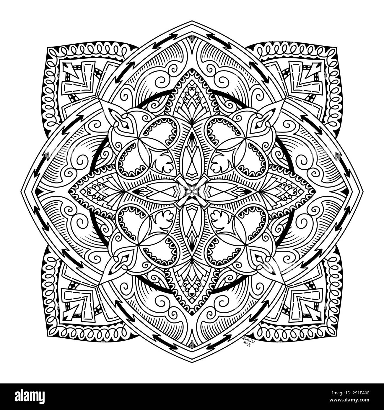 Illustration symétrique abstraite. Elément décoratif dessiné à la main. Mandala noir pour livre de coloriage, tatouage, henné, motif de conception de t-shirt Banque D'Images Illustration symétrique abstraite. Elément décoratif dessiné à la main. Mandala noir pour livre de coloriage, tatouage, henné, motif de conception de t-shirt Banque D'Images