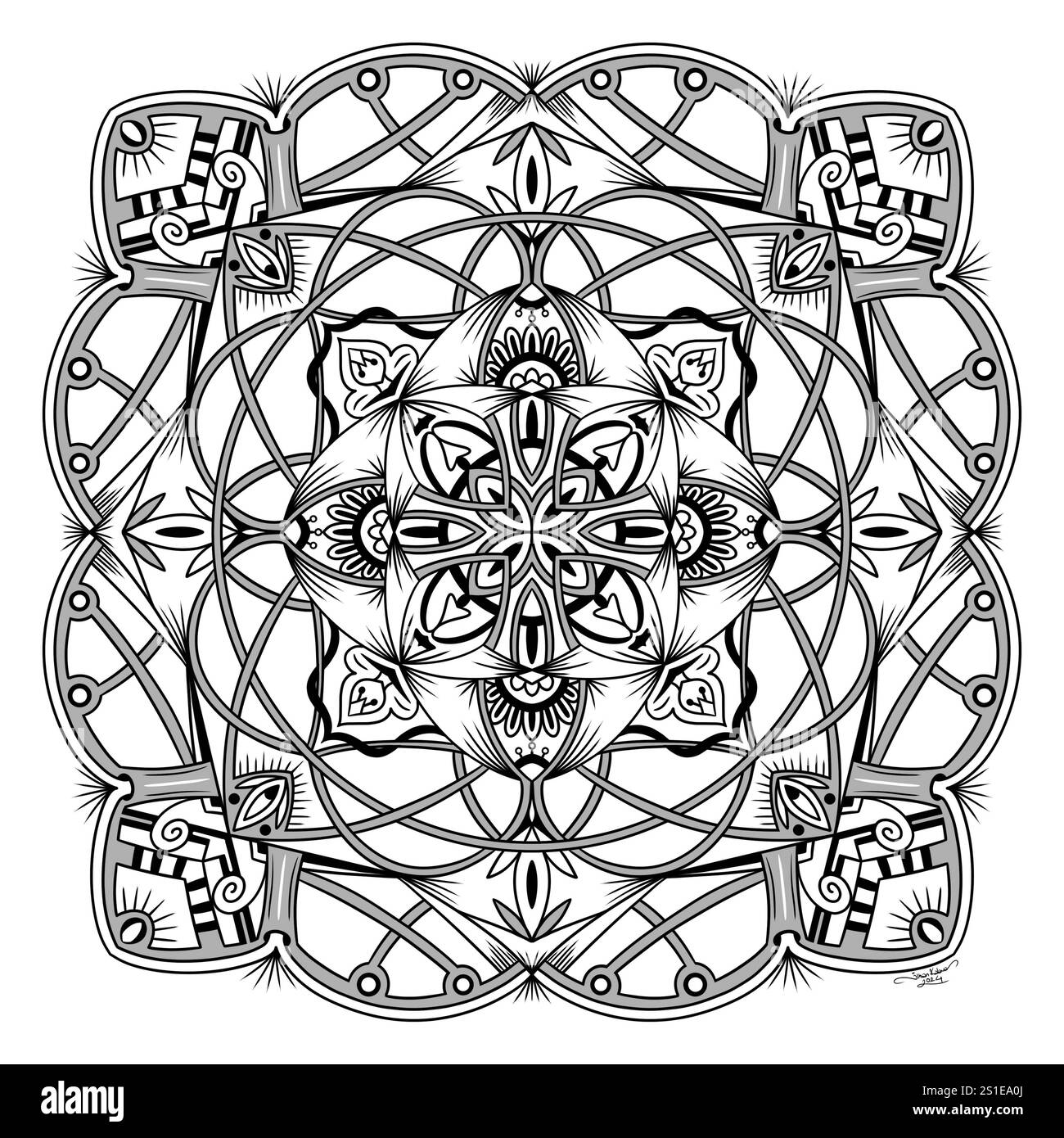 Illustration symétrique abstraite. Elément décoratif dessiné à la main. Mandala noir pour livre de coloriage, tatouage, henné, motif de conception de t-shirt Banque D'Images Illustration symétrique abstraite. Elément décoratif dessiné à la main. Mandala noir pour livre de coloriage, tatouage, henné, motif de conception de t-shirt Banque D'Images