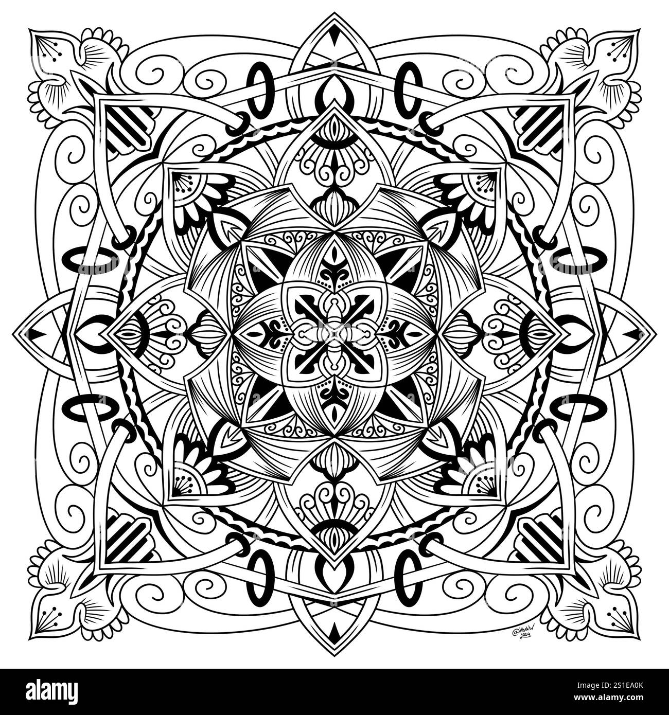 Illustration symétrique abstraite. Elément décoratif dessiné à la main. Mandala noir pour livre de coloriage, tatouage, henné, motif de conception de t-shirt Banque D'Images