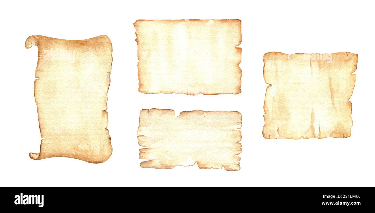 Aquarelle vieux papier jauni usé avec bords déchirés et clip d'illustration déroulé à défilement Modèles avec espace vide pour lettres vintage ou simples Banque D'Images