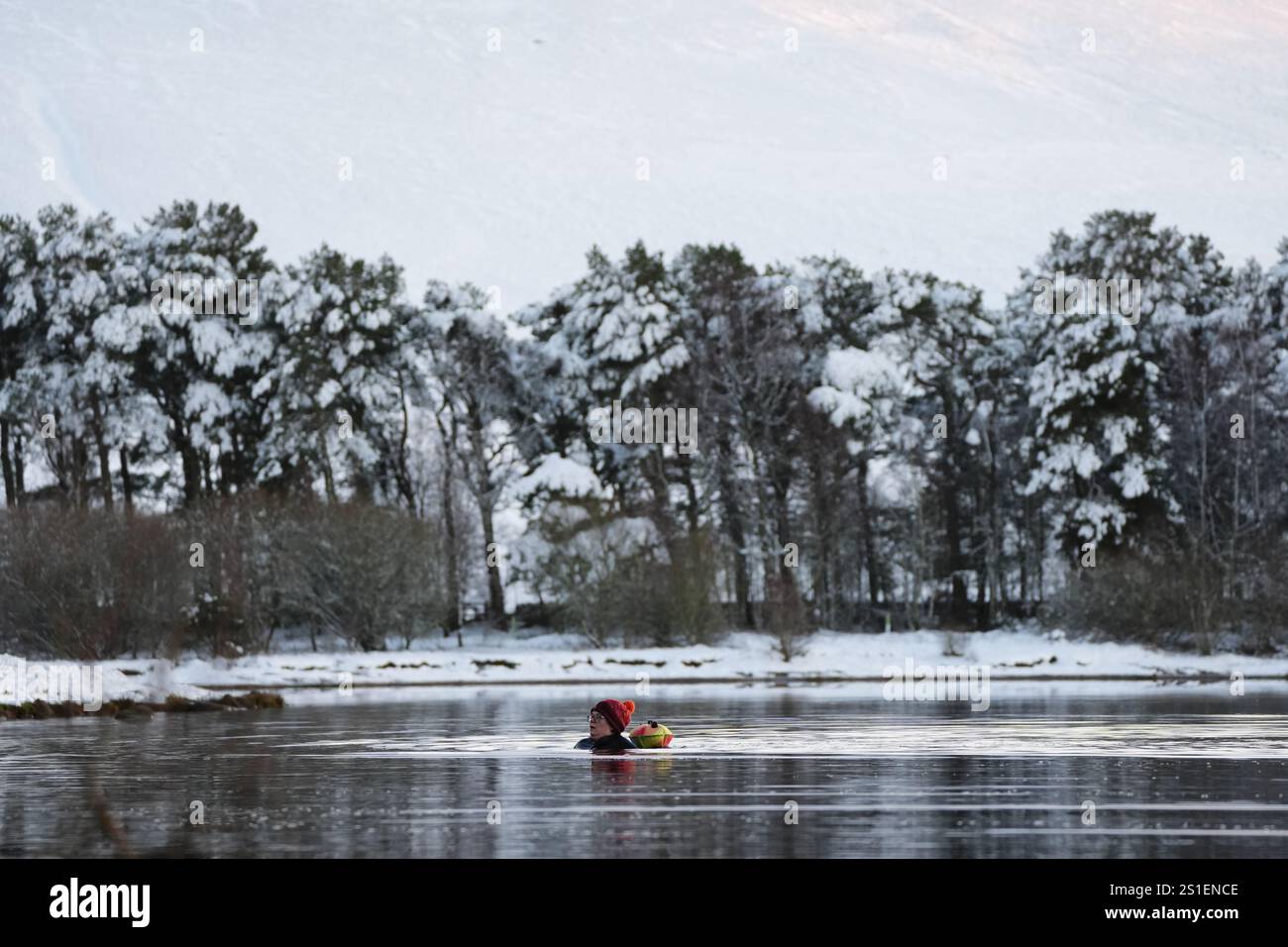 Un nageur au réservoir Harlaw dans les collines Pentland, Balerno, Édimbourg. L'Agence britannique de sécurité sanitaire (UKHSA) a émis des alertes sanitaires par temps froid pour toute l'Angleterre avant une semaine de basses températures. Des alertes AMBER ont été émises à partir de 12 heures jeudi jusqu'au 8 janvier, ce qui signifie qu'une augmentation des décès, en particulier parmi les personnes âgées de 65 ans et plus ou souffrant de problèmes de santé, est probable, a déclaré l'UKHSA. Date de la photo : vendredi 3 janvier 2025. Banque D'Images