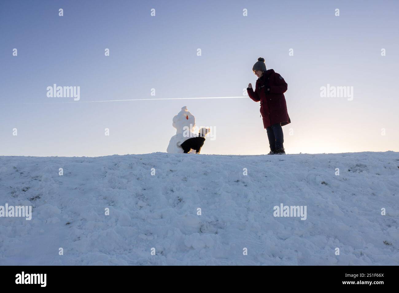 Harlaw. Balerno. Midlothian. Écosse, Royaume-Uni. 3 janvier 2025. Monty le Schoodle est plus intéressé par un biscuit de maman Andrea que par la carotte sur le bonhomme de neige pendant leur promenade dans des conditions de gel au réservoir Harlaw près de Balerno dans le Midlothian (crédit photo : David Mollison/Alamy Live News Banque D'Images