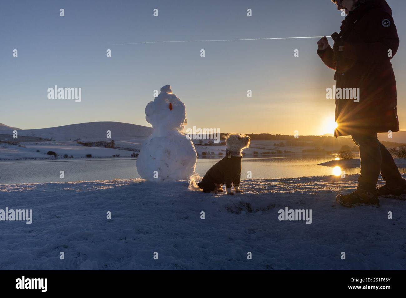 Harlaw. Balerno. Midlothian. Écosse, Royaume-Uni. 3 janvier 2025. Monty le Schoodle est plus intéressé par un biscuit de maman Andrea que par la carotte sur le bonhomme de neige pendant leur promenade dans des conditions de gel au réservoir Harlaw près de Balerno dans le Midlothian (crédit photo : David Mollison/Alamy Live News Banque D'Images