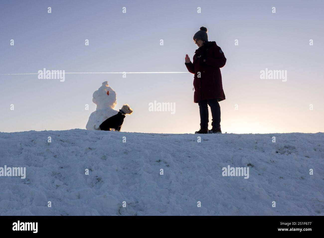 Harlaw. Balerno. Midlothian. Écosse, Royaume-Uni. 3 janvier 2025. Monty le Schoodle est plus intéressé par un biscuit de maman Andrea que par la carotte sur le bonhomme de neige pendant leur promenade dans des conditions de gel au réservoir Harlaw près de Balerno dans le Midlothian (crédit photo : David Mollison/Alamy Live News Banque D'Images