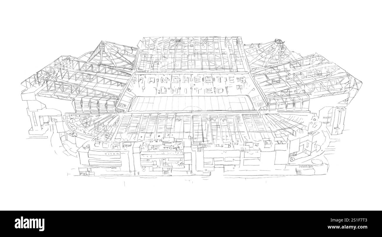 Croquis de dessin au crayon architectural du stade de football Old Trafford à Manchester, Royaume-Uni. Banque D'Images