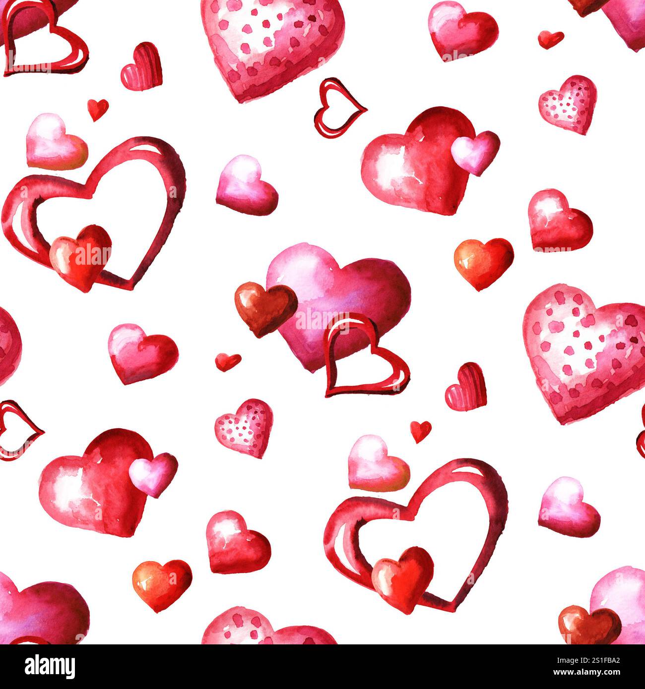 Motif sans couture de coeurs rouges et roses. Illustration peinte à la main à l'aquarelle, isolée sur fond blanc Banque D'Images