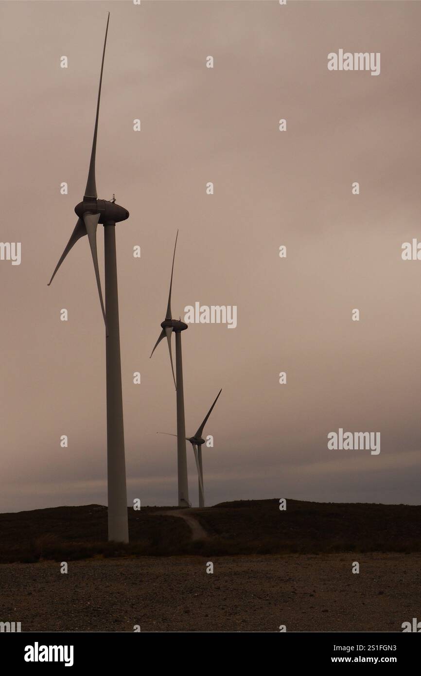 La silhouette de trois éoliennes à axe horizontal très haut contre un ciel nuageux et orageux sur l'île de Lewis, en Écosse, au Royaume-Uni, haut sur une colline. Banque D'Images