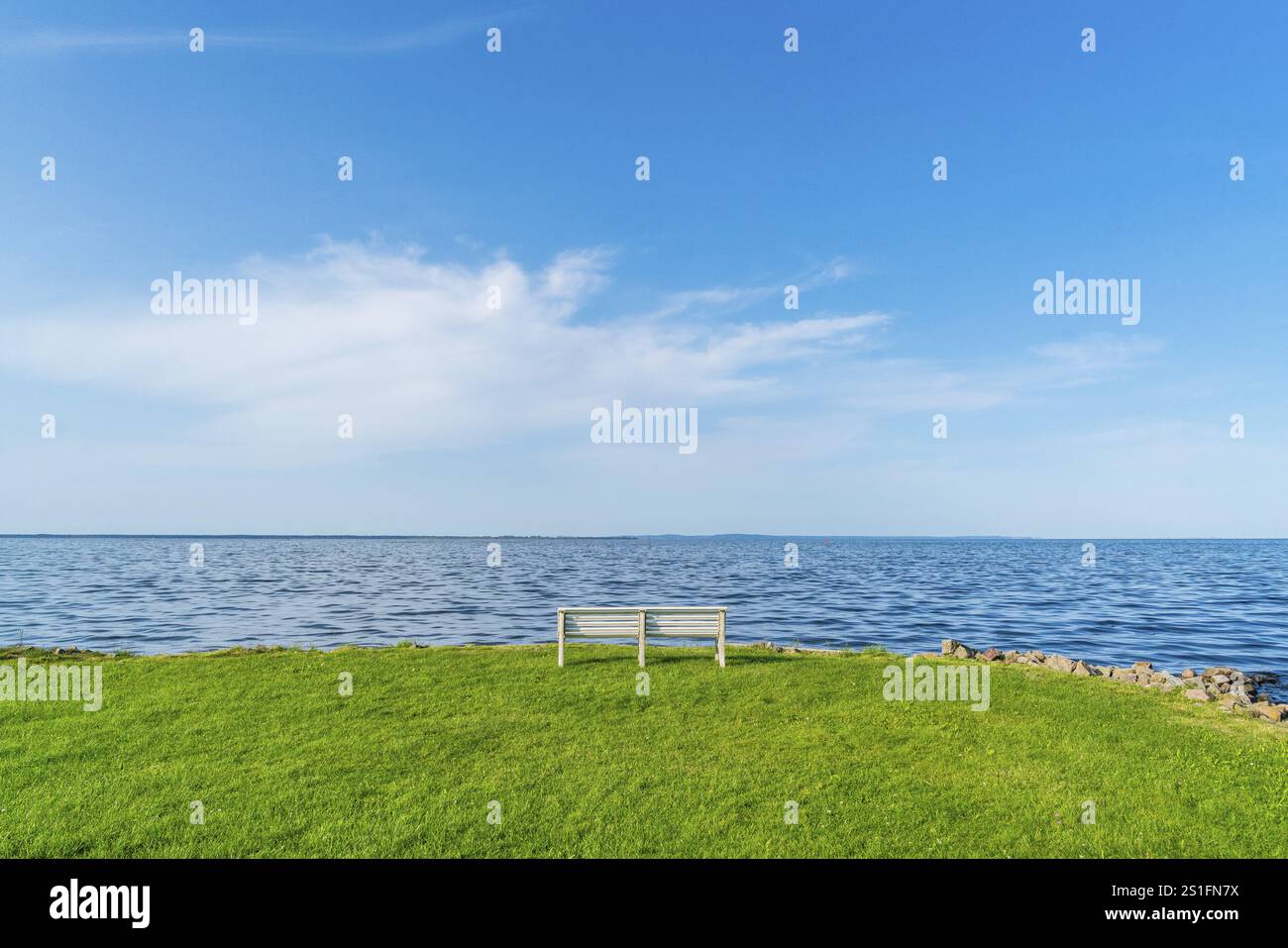 Banc isolé, blanc, vide dans une prairie sur la rive de la lagune de Szczecin dans le village d'Altwarp, parc naturel Am Stettiner Haff, Mecklenbur Banque D'Images