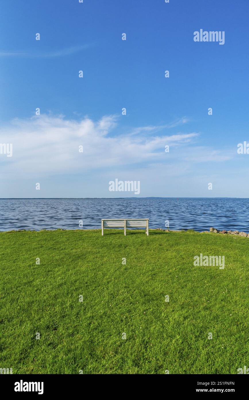 Banc isolé, blanc, vide dans une prairie sur la rive de la lagune de Szczecin dans le village d'Altwarp, parc naturel Am Stettiner Haff, Mecklenbur Banque D'Images