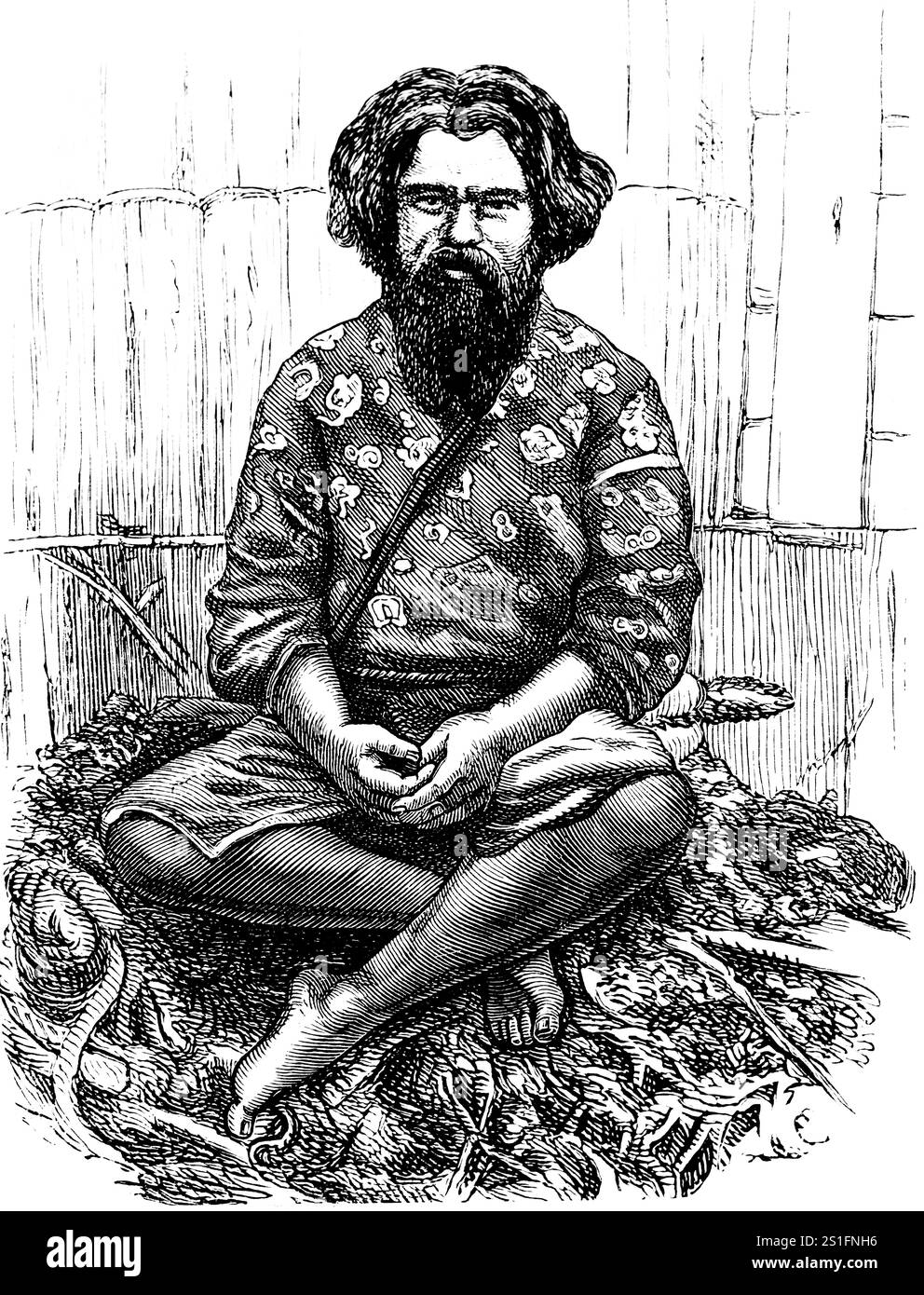 Portrait d'un homme de l'ancienne tribu Aino, l'un des premiers colons du Japon, cheveux noirs foncés, barbe complète, vêtements, chaussures pointues, assis sur rop Banque D'Images