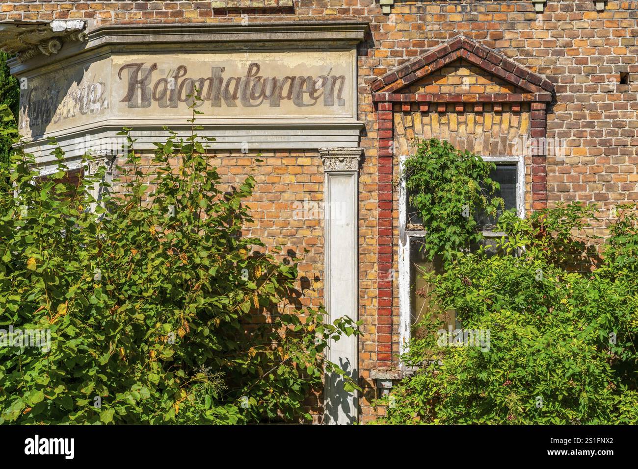 Maison en briques abandonnée avec signe de marchandises coloniales, village de Rieth, parc naturel sur la lagune de Szczecin, Mecklembourg-Poméranie occidentale, Allemagne, Europe Banque D'Images