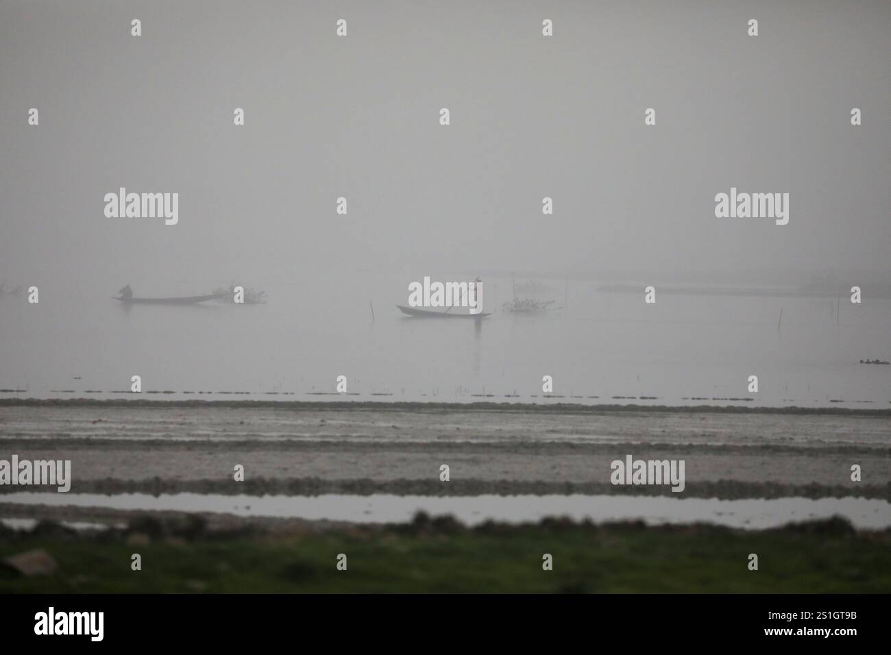 Une vue de la région de Haor à Mohonganj, district de Netrokona, Bangladesh, par un matin d'hiver brumeux." Banque D'Images