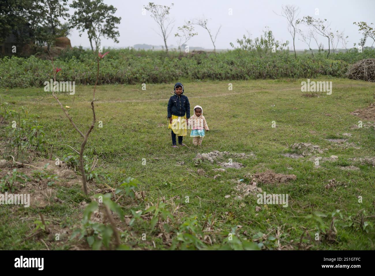 Deux petites filles se tiennent debout dans un champ dans la région de Haor à Mohonganj, district de Netrokona, Bangladesh, par un matin d'hiver brumeux. Banque D'Images